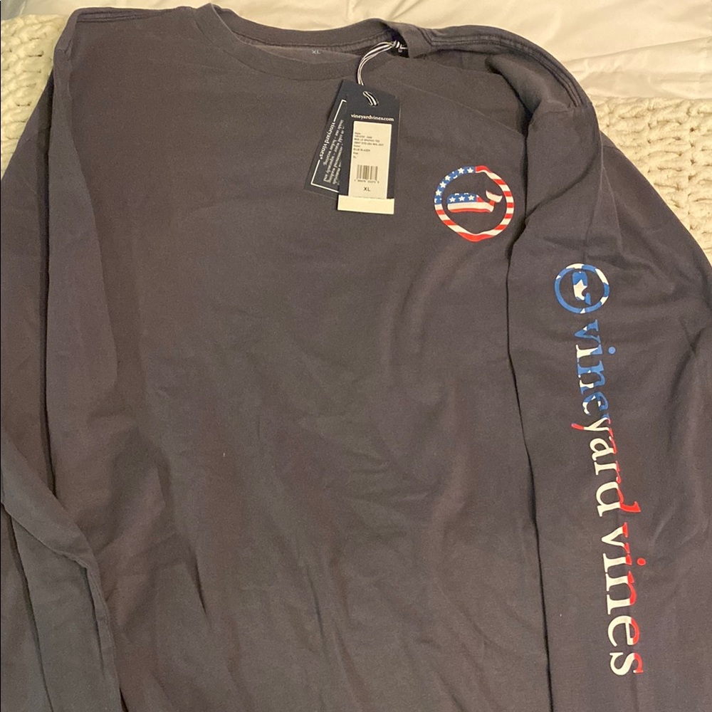 Dark Gray Long Sleeve Tee with Patriotic Sleeve Design